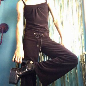 Juicy Couture Jumpsuit Black Velour Romper Spaghetti Strap Gold Accent Sz P/XP